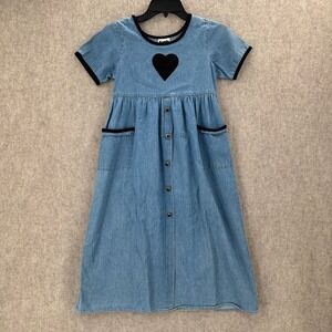 VTG Kandy Kiss Denim Dress Girls Size 10 Heart‎ Applique Button Front Pockets